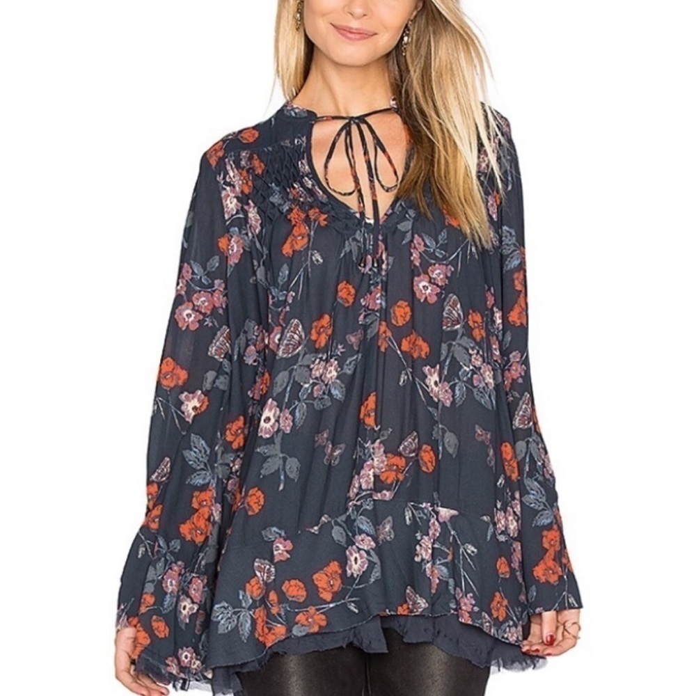 Free People Pebble Crepe So Fine Smocked Tunic Top Small